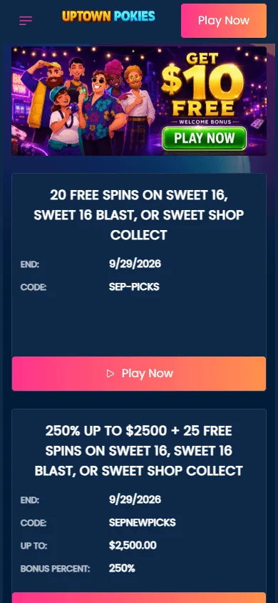 Uptown Pokies Casino home page on mobile