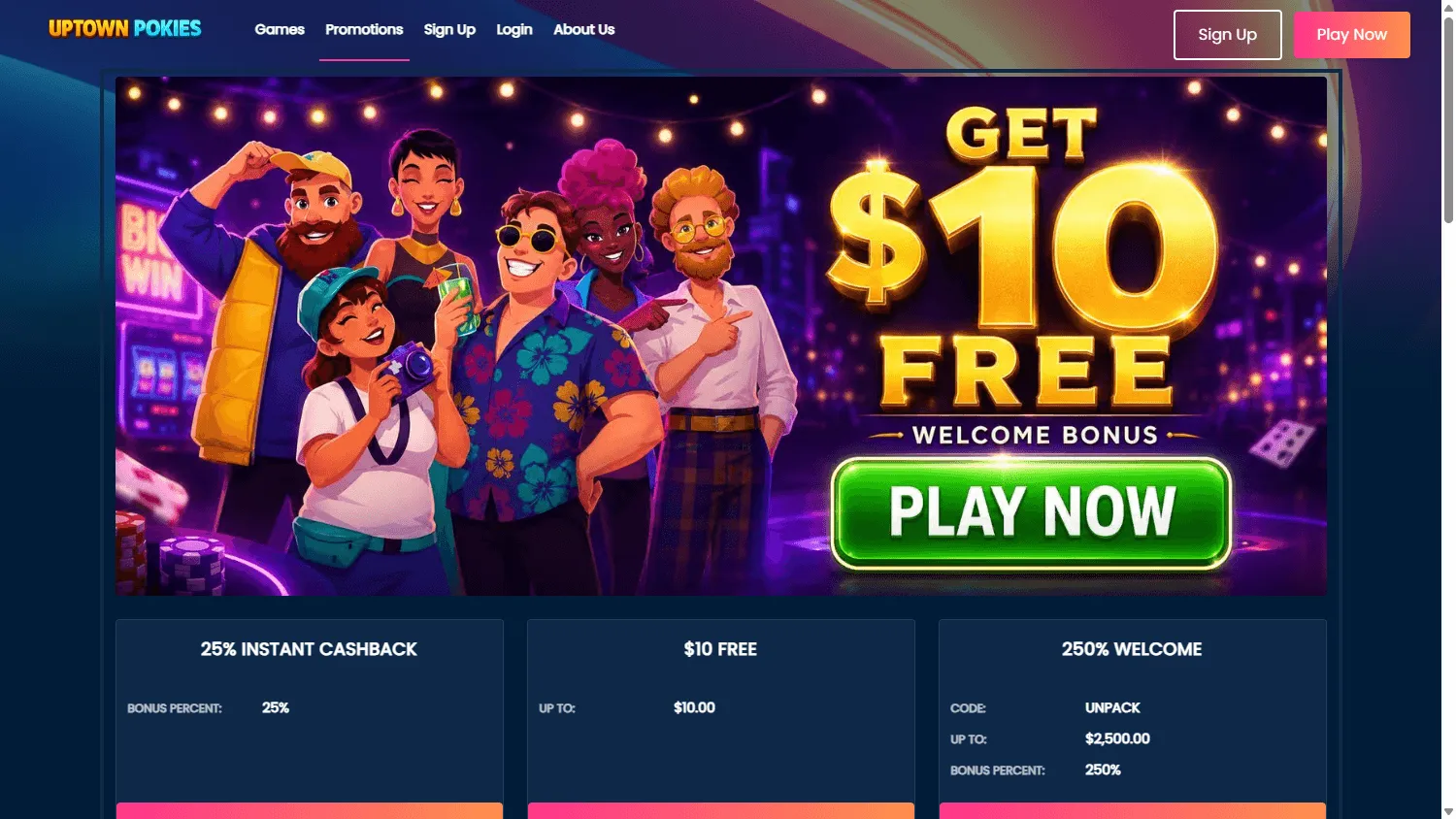 Uptown Pokies Casino promotions page on desktop