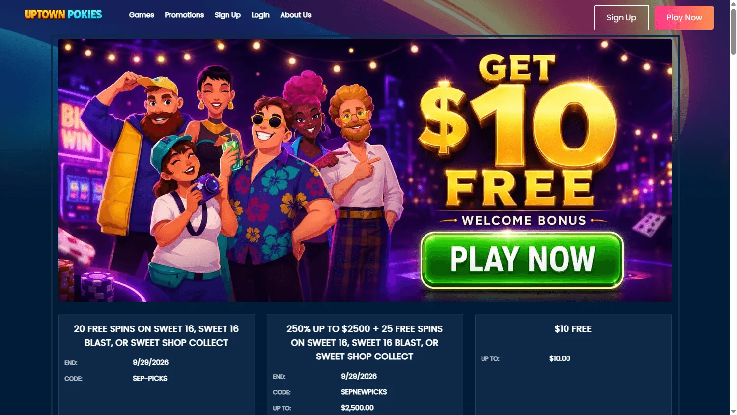 Uptown Pokies Casino home page on desktop